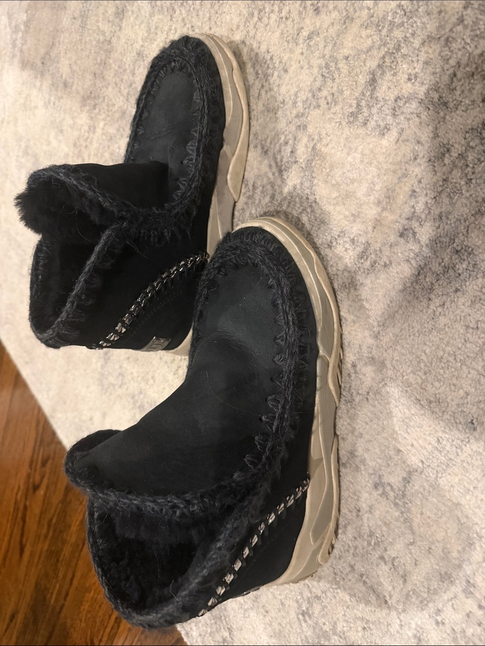 Mou Black Faux-Shearling AnkleBoots with Chain Accent
